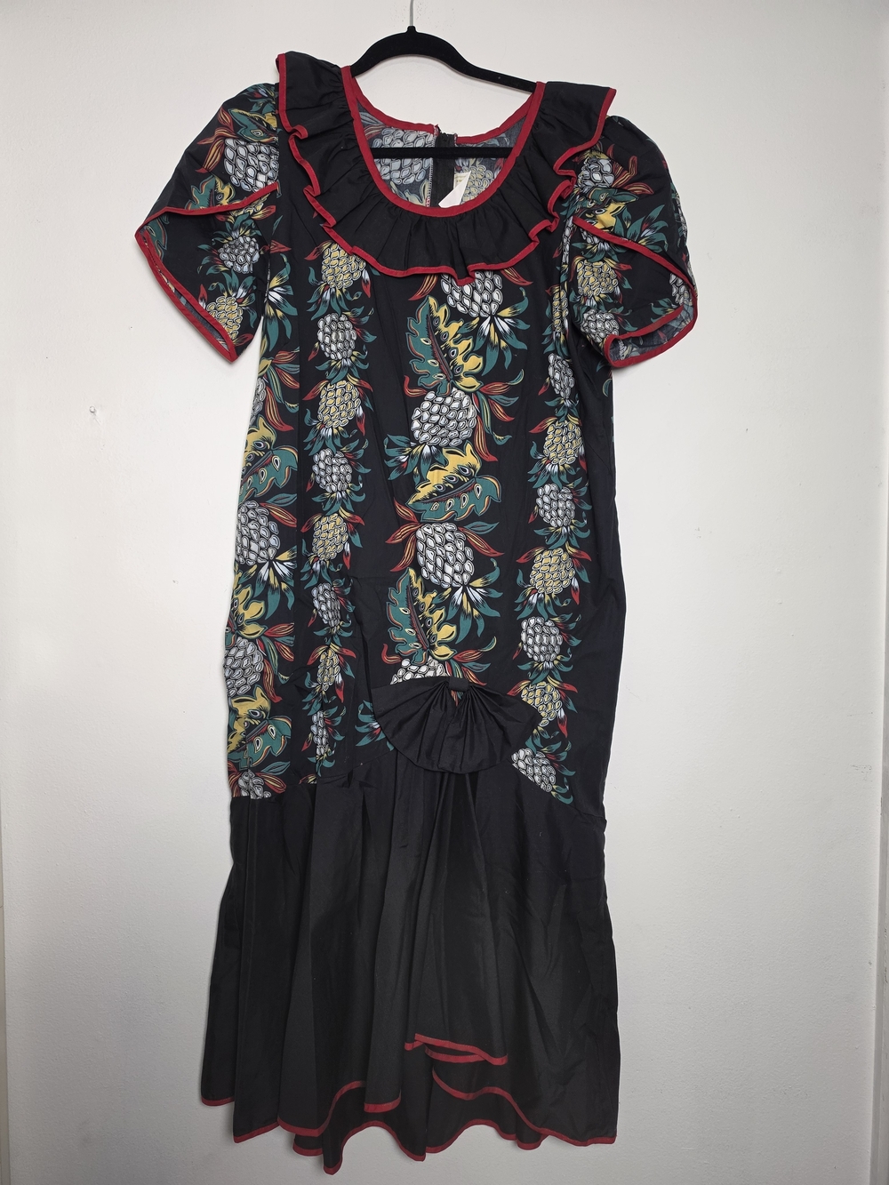 Vintage Lolenani Hawaii Tropical Hawaiian Pineapple Dress Size 12 Black Bow
